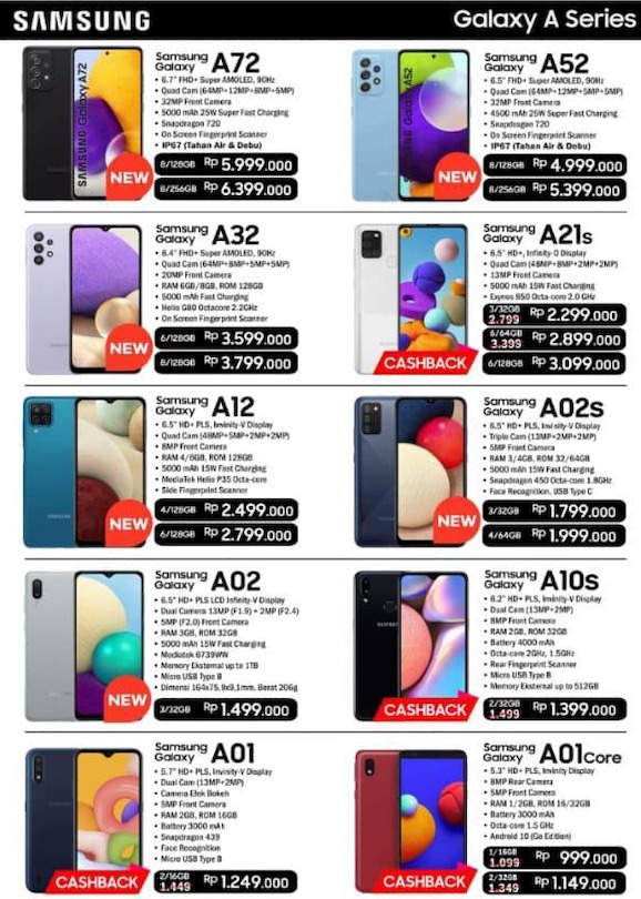 >Merk : Samsung A32 6/128<br /> Cicilan 3 bulan => Perbulan Rp 1.244.654,16<br /> Cicilan 6 Bulan => Perbulan Rp 669.001,61<br />>Merk : Samsung A52 8/128 <br />Cicilan 3 bulan => Perbulan Rp 1.728.820,83<br />Cicilan 6 Bulan => Perbulan Rp 929.241,19<br />>Merk : Samsung A72 8/256<br /> Cicilan 3 bulan => Perbulan Rp 2.109.237,5<br /> Cicilan 6 Bulan => Perbulan Rp 1.133.715,15