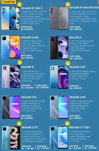 &gt;Merk	: Realme c21 3/32  <br />Cicilan 3 bulan =&gt; Perbulan Rp 549.840,41<br />Cicilan 6 Bulan =&gt; Perbulan Rp 295.539,22<br />&gt;Merk	: Realme c25 4/64 <br />Cicilan 3 bulan =&gt; Perbulan Rp 795.070,83<br />Cicilan 6 Bulan =&gt; Perbulan Rp 427.350.57